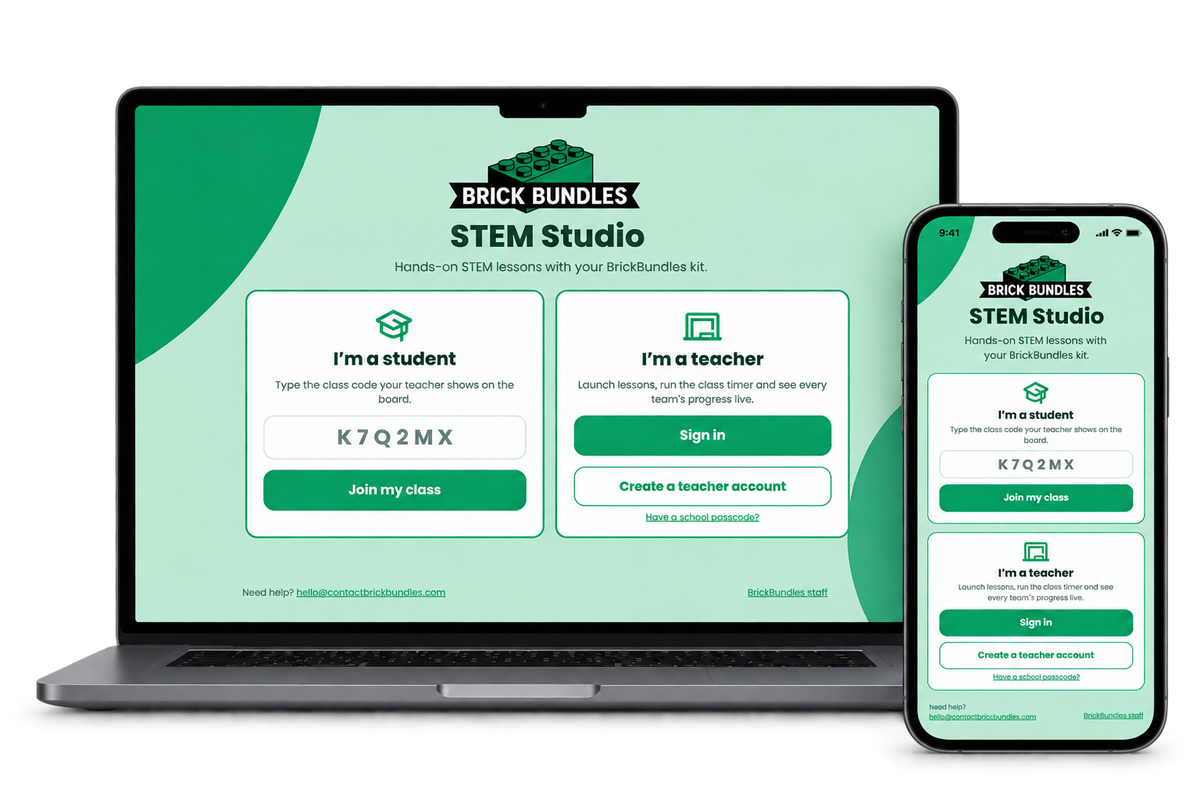 BrickBundles STEM Studio app on laptop and phone showing student and teacher login screens